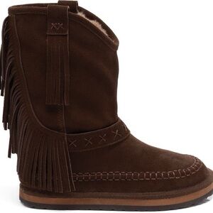 NWT Free People Faye Fringe Faux Fur Boots in Chocolate Brown Suede